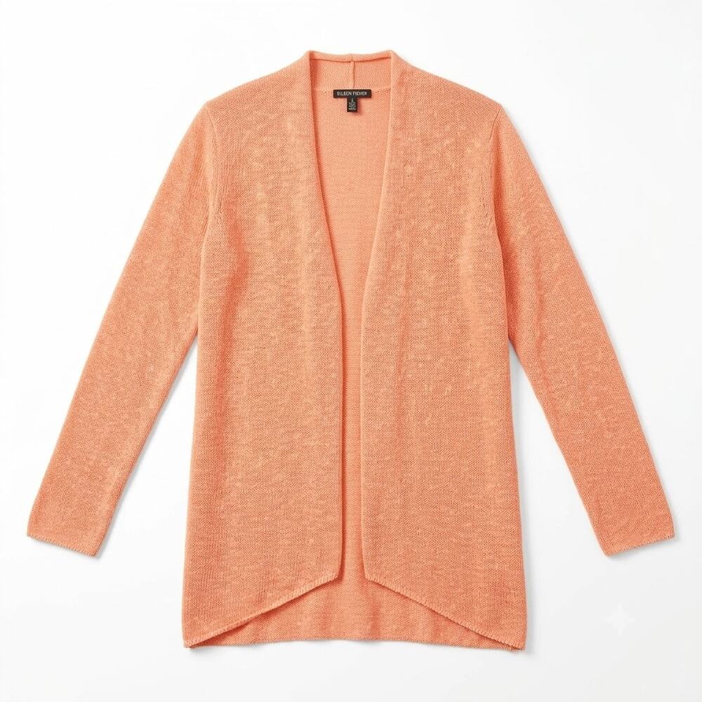 Eileen Fisher Organic Linen Melange Cardigan Orange Open Front Womens Small
